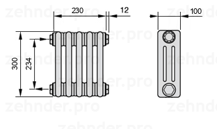 Схема (чертеж) Радиатор Zehnder Charleston 3030/5 №1270 Белый глянцевый RAL 9016